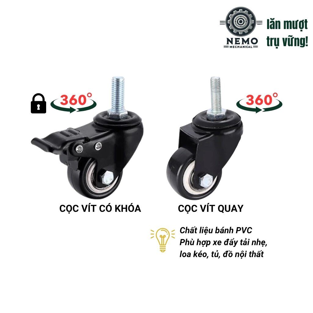 Bánh xe đẩy hàng đen trắng, loại cọc vít, có bạc đạn, đường kính bánh 4cm và 5cm, 40-50kg/1bánh